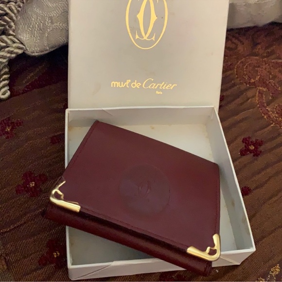Cartier Burgundy Leather Card Holder with Gold Accents - Picture 1 of 8